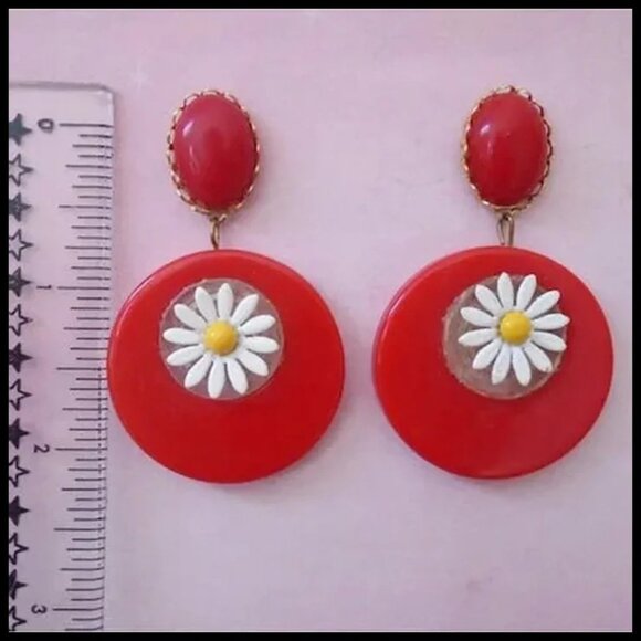 Red Hoop Earrings With Daisy Dangles OOAK Recycled Vintage Retro Vibe - Picture 2 of 9